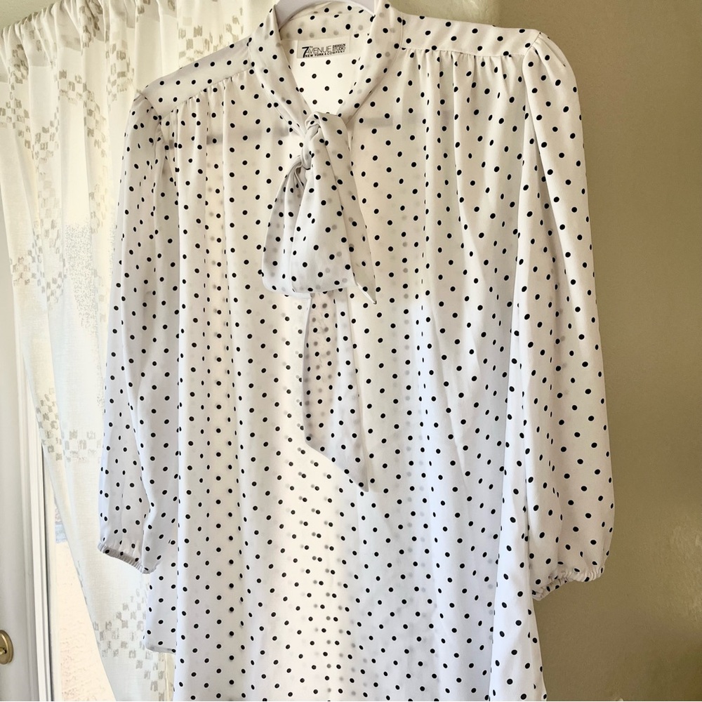 New York & Co B&W Polka Dot Neck Tie Blouse